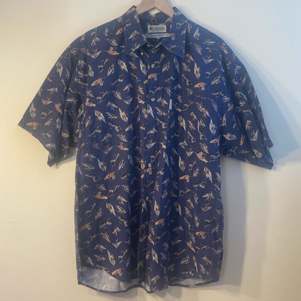 Columbia Sportswear XL Fishing Lure Hook Navy Cotton Button Front